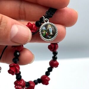Vintage Religious Red Rose Bud Bead Bracelet Our Lady of Lourdes Medal Cord
